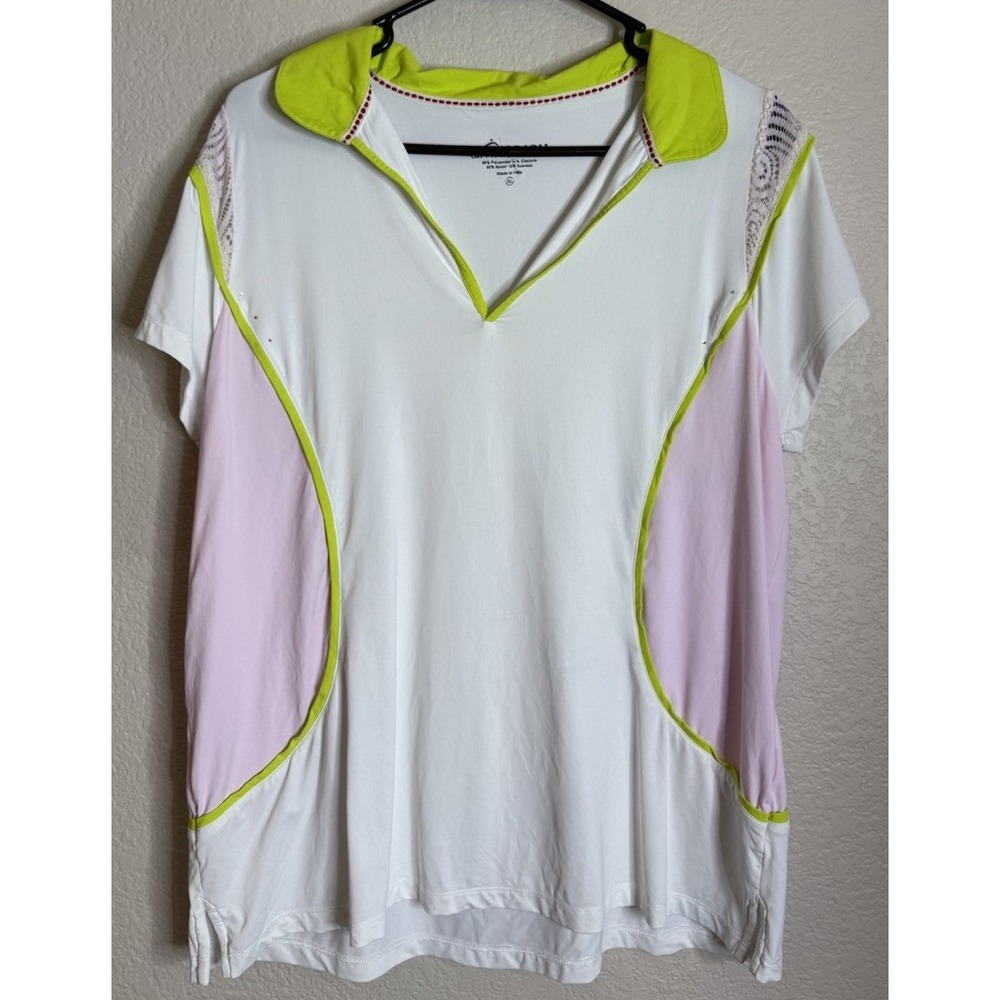 Swingdish Womens XL Polo Shirt White Pink Lime Green Lace Trim Golf Top Preppy